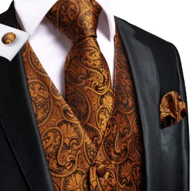 Pure Brown Paisley Men's Vest Tie Hanky Cufflinks Set Waistcoat Suit Set