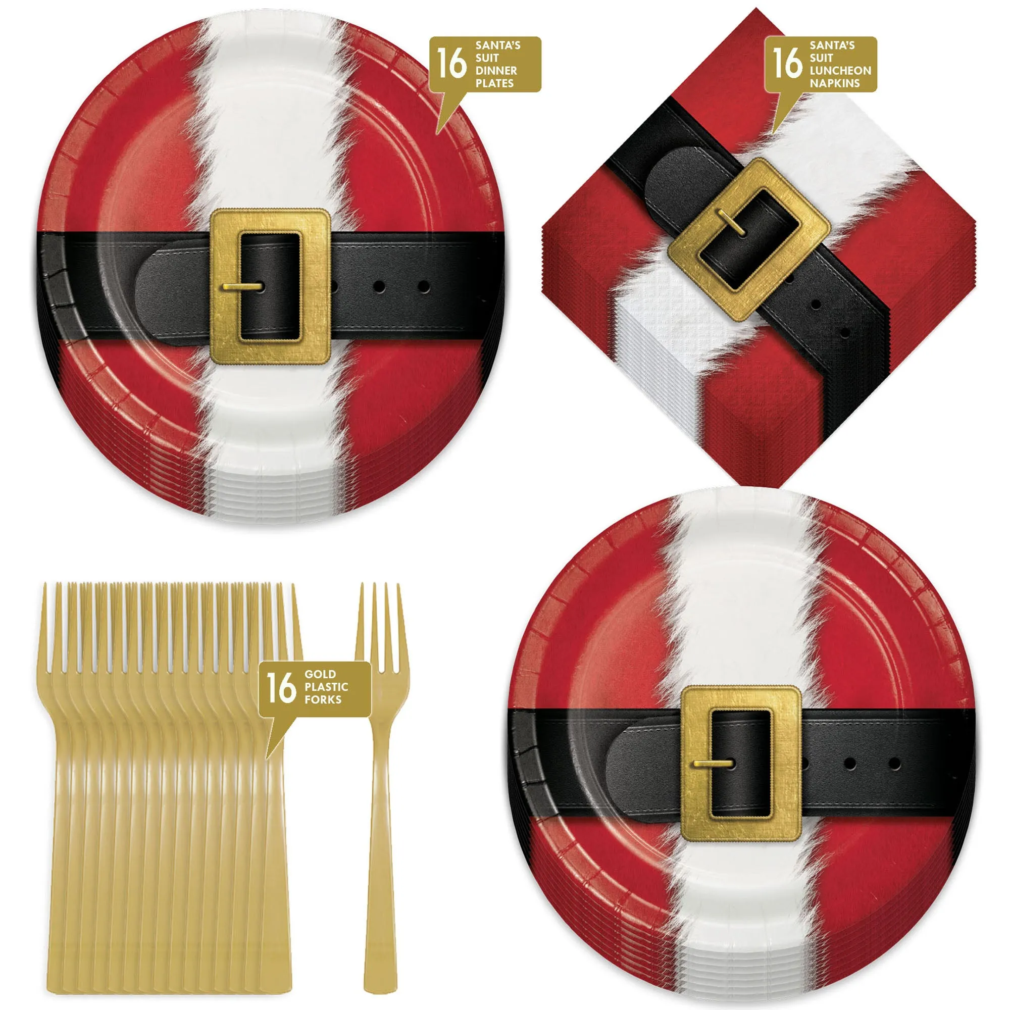 Red Santa's Suit Christmas Party Paper Dinner Plates, Napkins, and Forks (Serves 16)