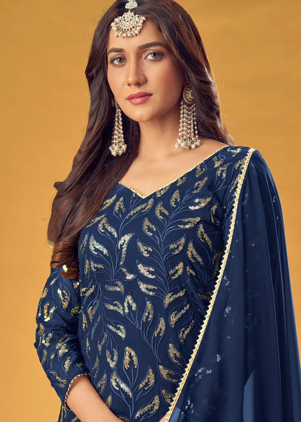 Royal Blue Gold Embroidered Straight Cut Palazzo Suit