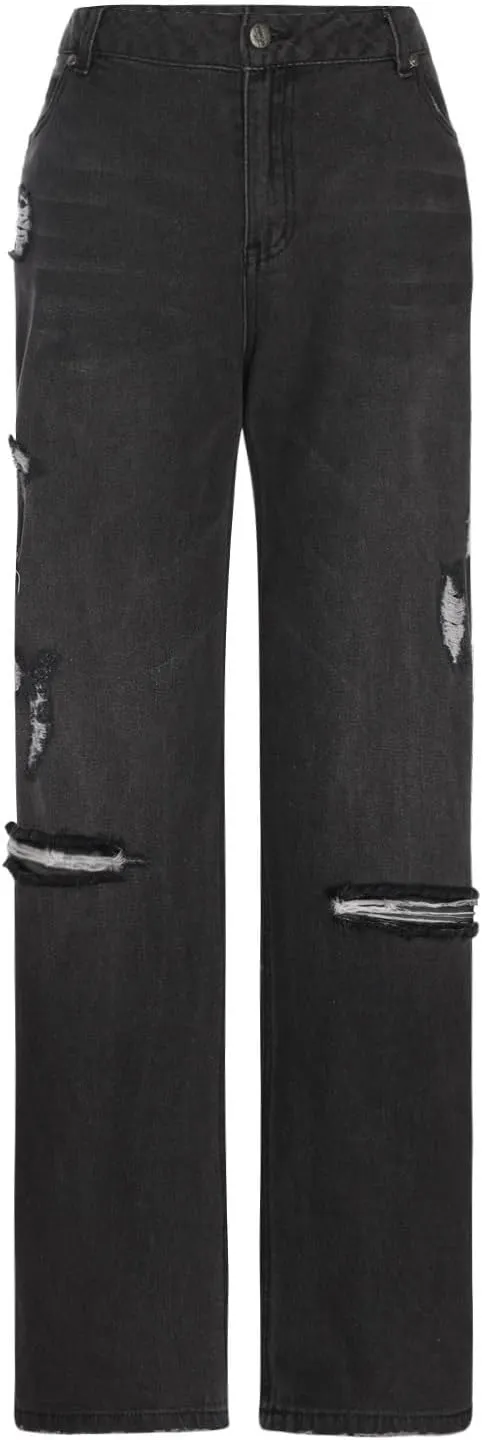 Ruziyoog Womens Distressed Jeans Straight Leg Button Down Low Rise Ripped Jeans Boyfriend Denim Pants Baggy Cargo Pants