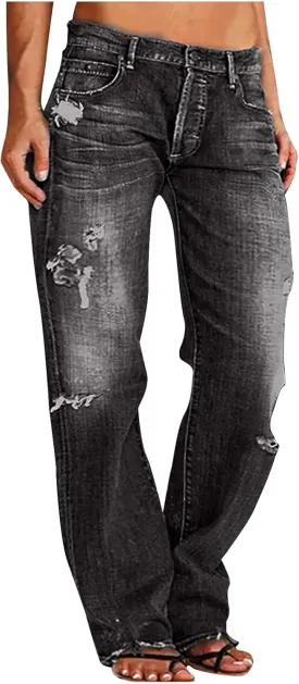 Ruziyoog Womens Distressed Jeans Straight Leg Button Down Low Rise Ripped Jeans Boyfriend Denim Pants Baggy Cargo Pants