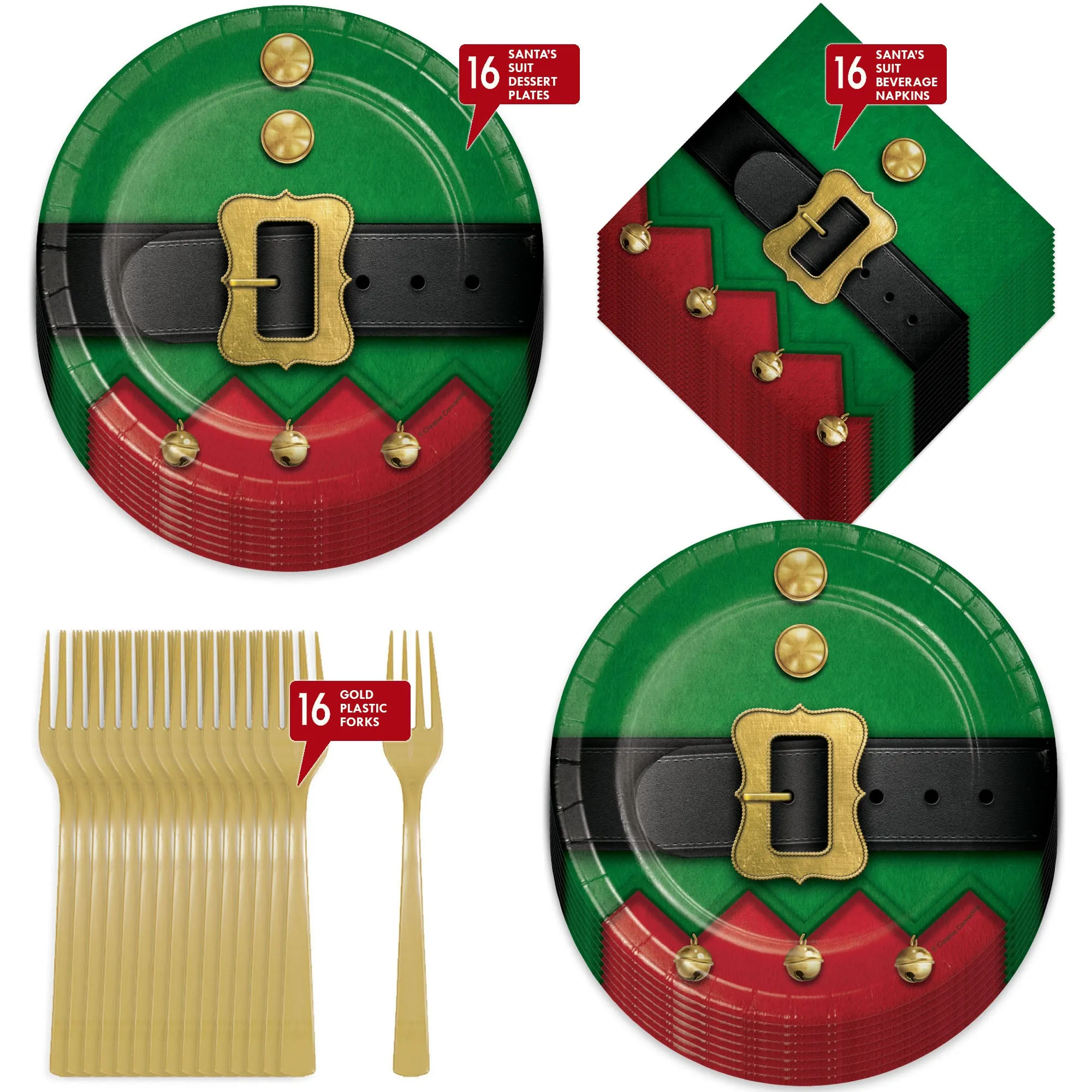 Santa's Elf Suit Green Christmas Party Paper Dessert Plates, Napkins, and Forks (Serves 16)