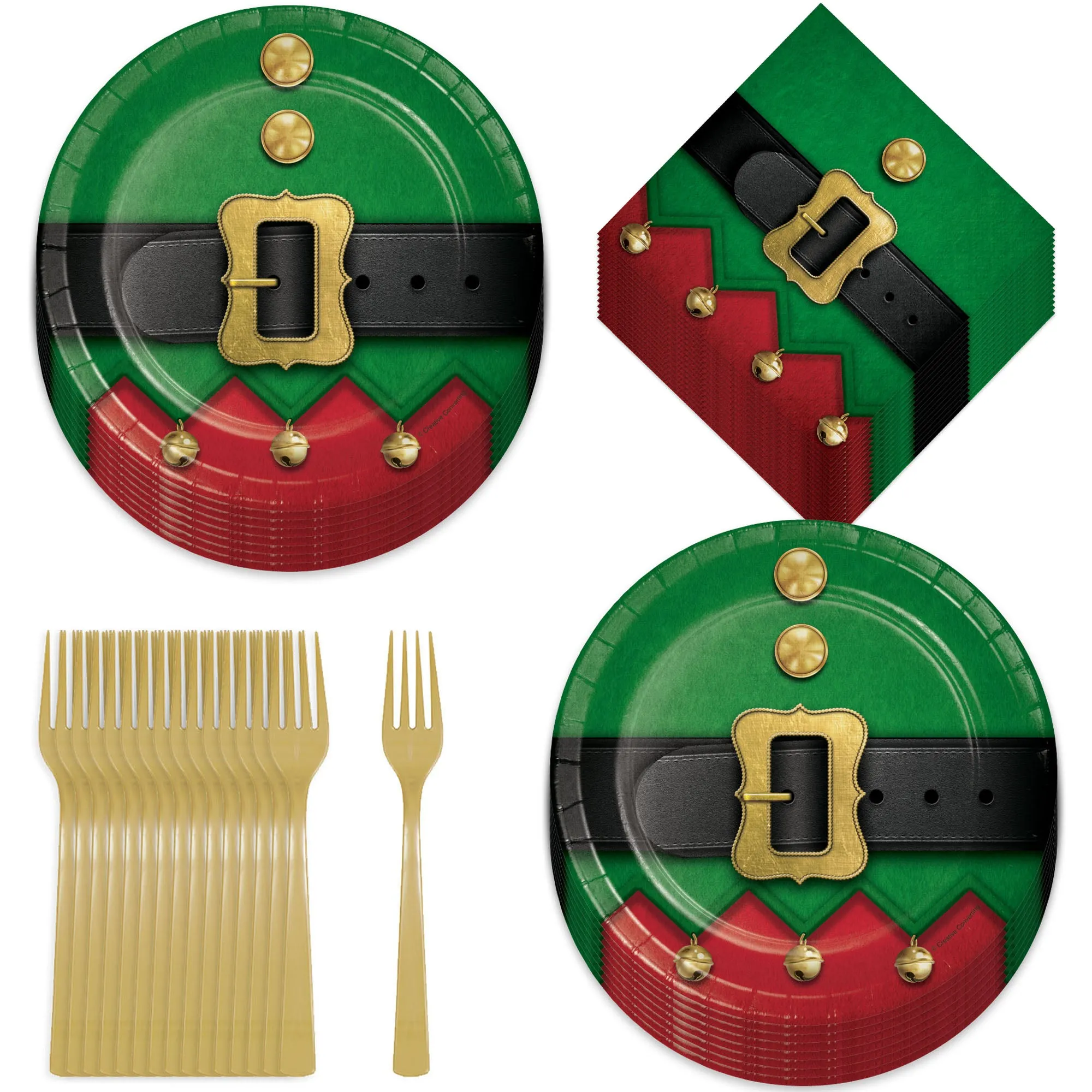 Santa's Elf Suit Green Christmas Party Paper Dessert Plates, Napkins, and Forks (Serves 16)