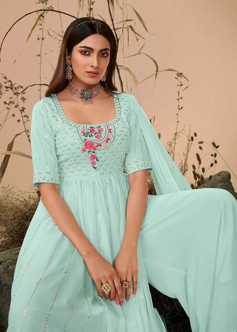 Sassy Festive Sky Blue Georgette Palazzo Salwar Suit