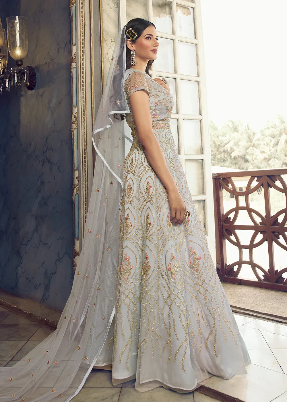 Silver White Wedding Party Net Designer Anarkali Suit