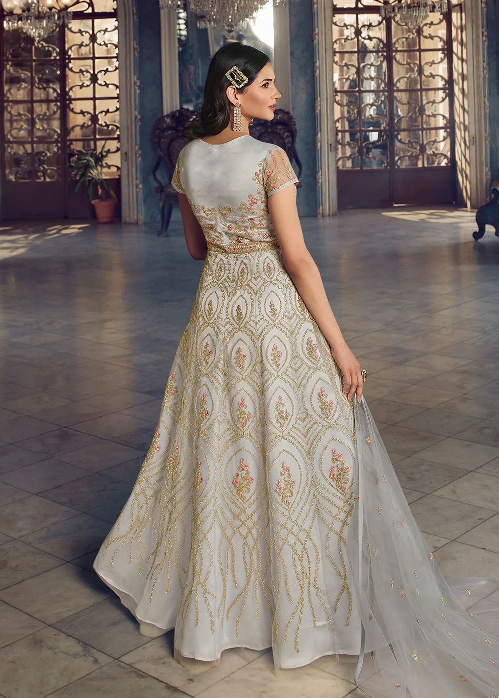 Silver White Wedding Party Net Designer Anarkali Suit