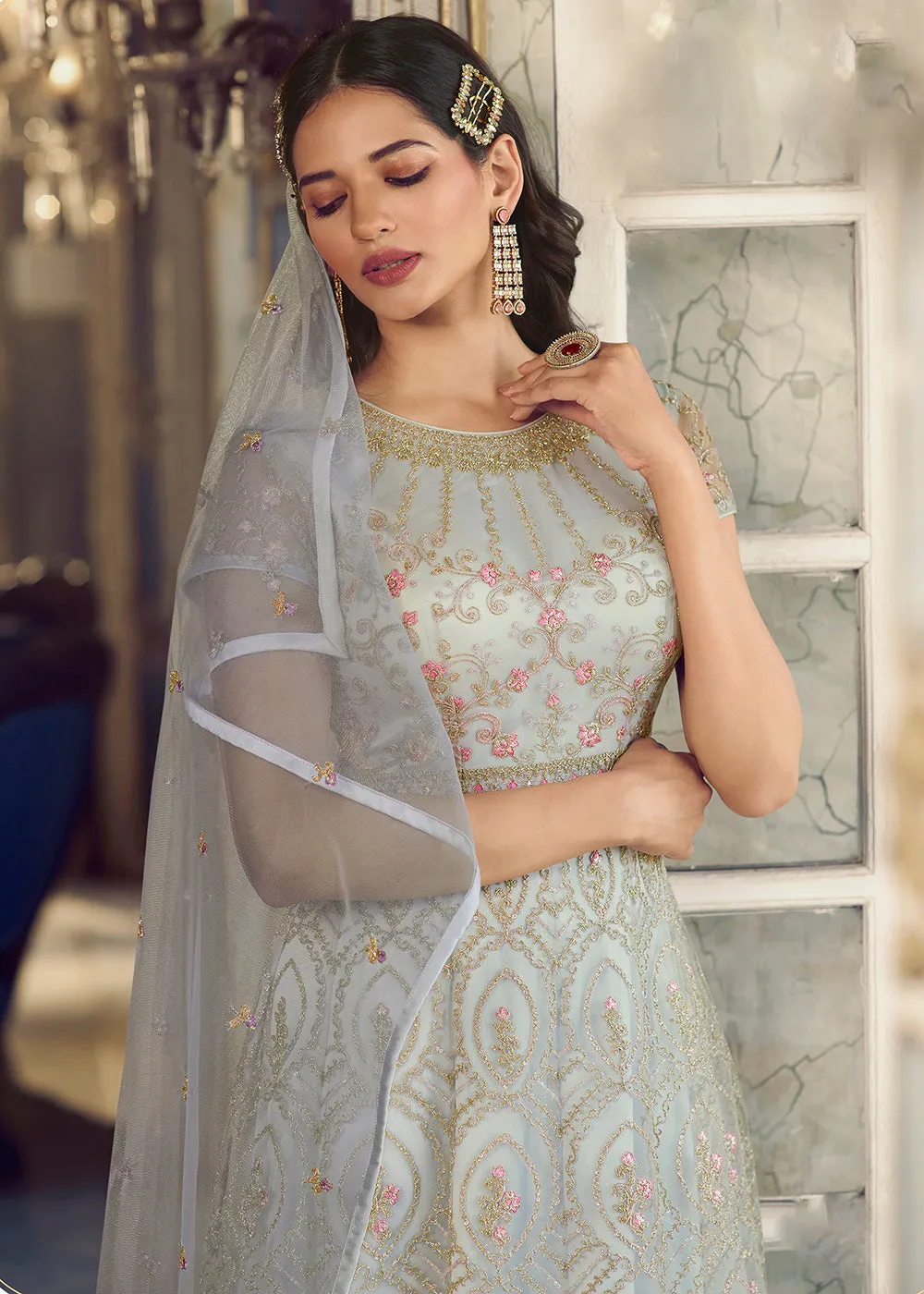 Silver White Wedding Party Net Designer Anarkali Suit