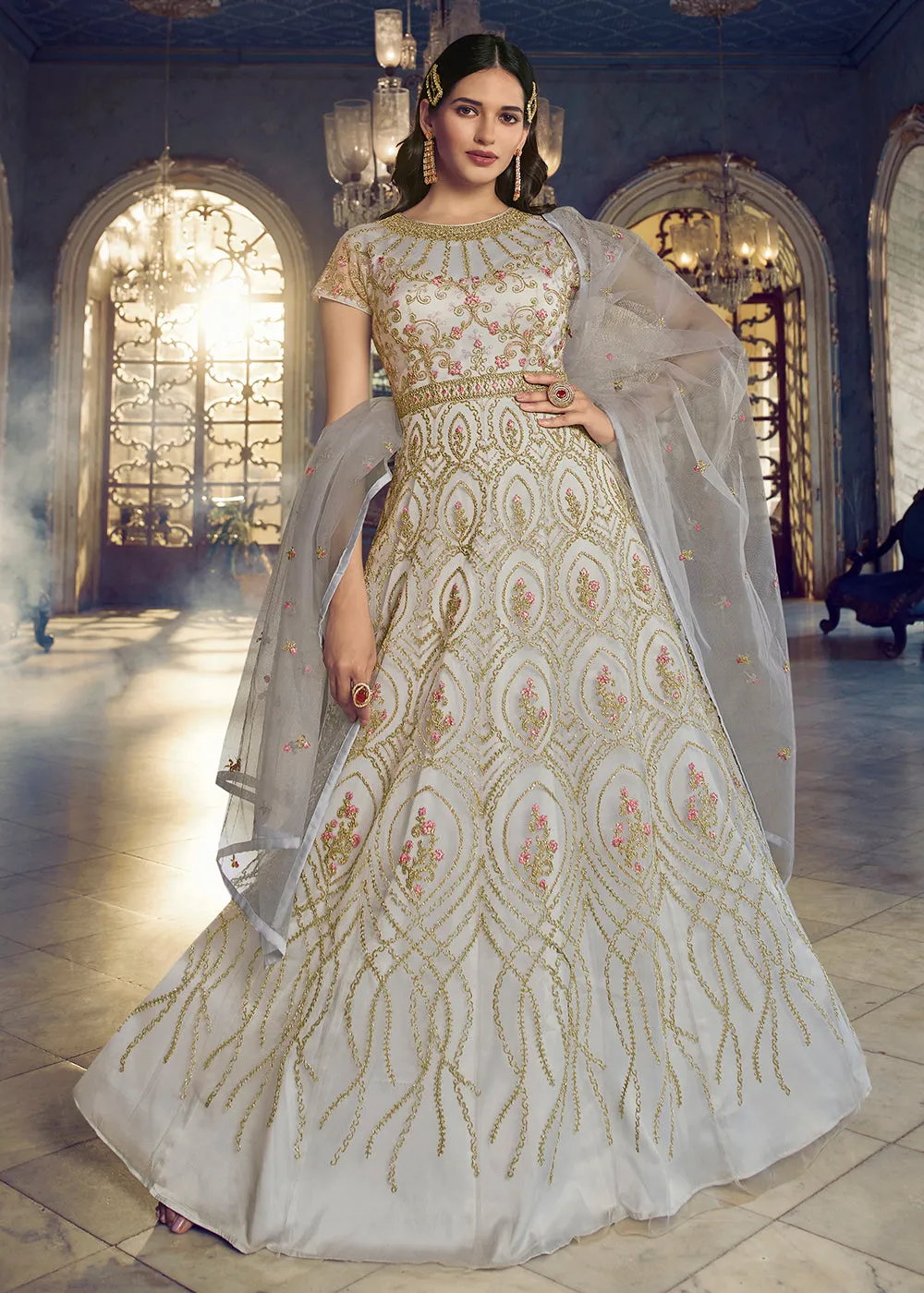Silver White Wedding Party Net Designer Anarkali Suit
