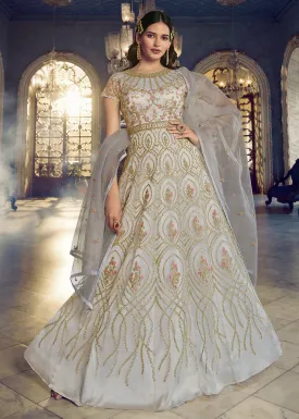 Silver White Wedding Party Net Designer Anarkali Suit