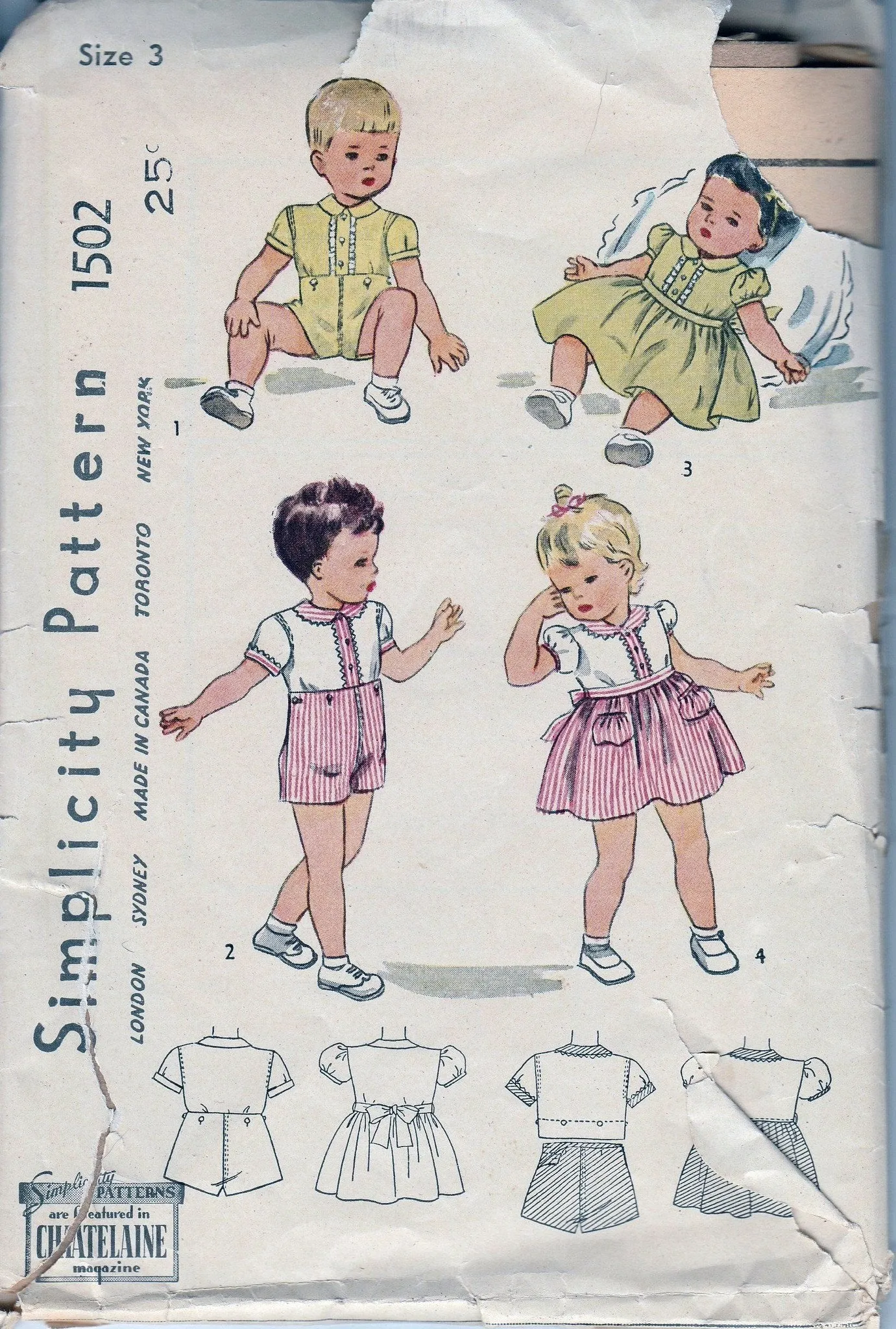 Simplicity 1502 Toddler Boys Two Piece Suit Girls Dress Vintage Pattern 1940's