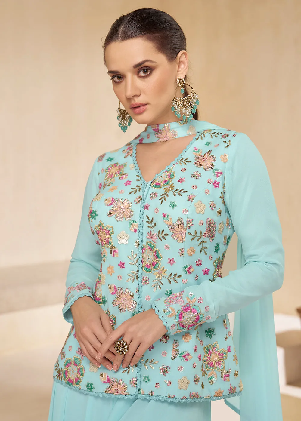 Sky Blue Designer Embroidered Party Wear Sharara Suit