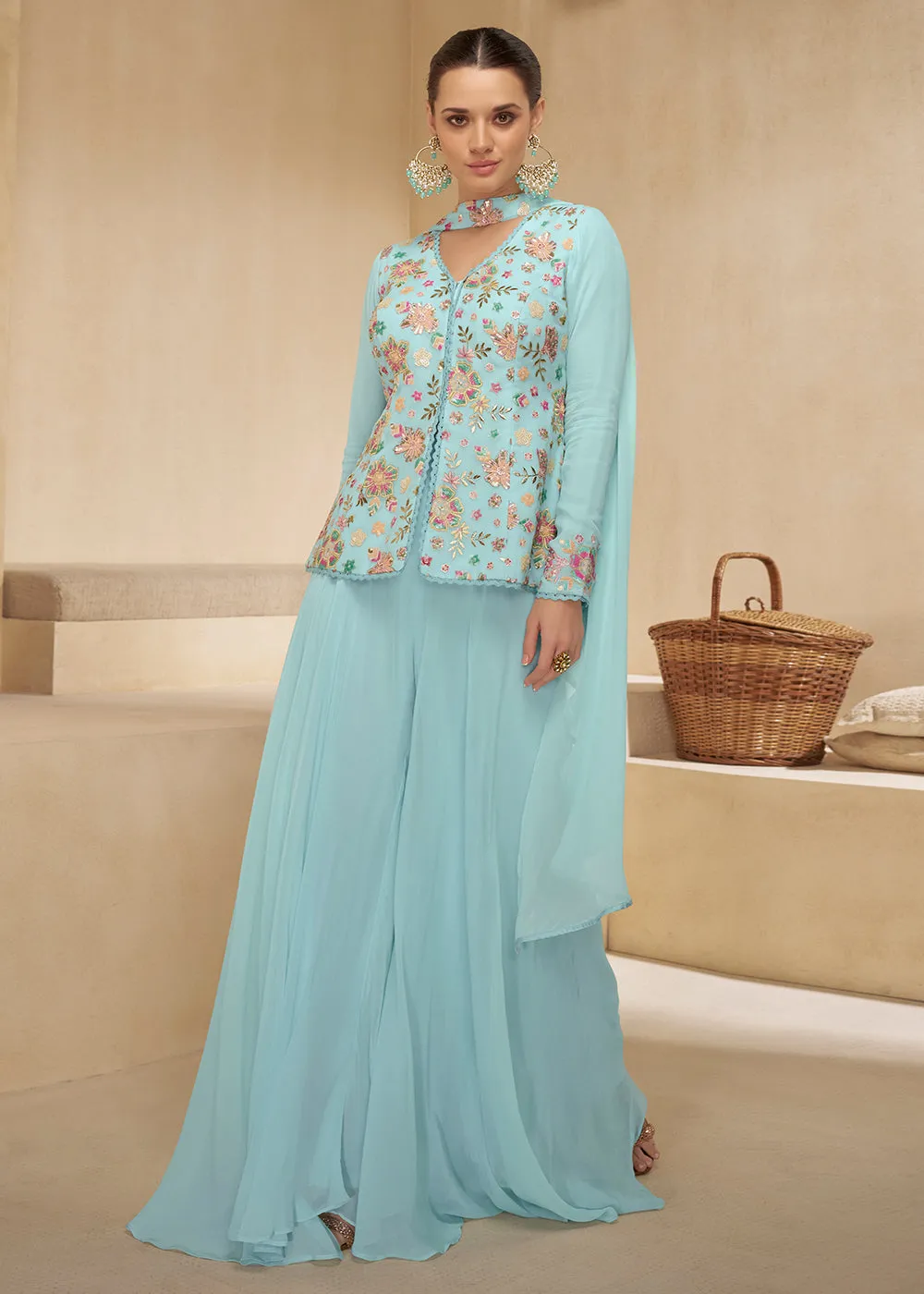 Sky Blue Designer Embroidered Party Wear Sharara Suit