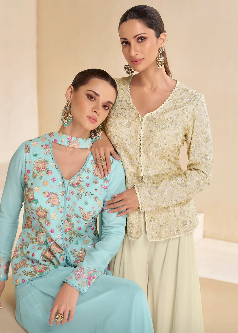 Sky Blue Designer Embroidered Party Wear Sharara Suit