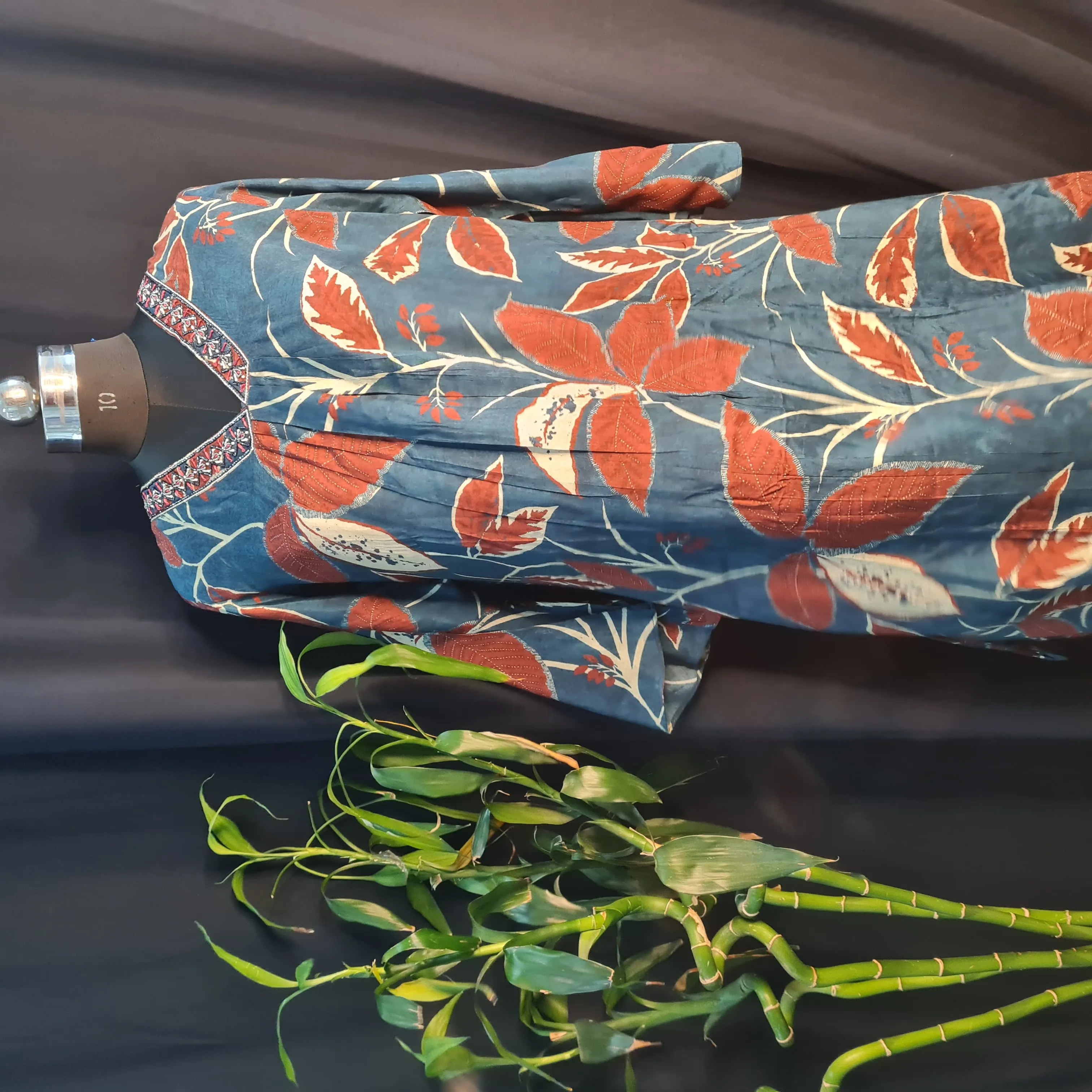 Suit Set With Dupatta (Top-Muslin, Bottom-Santoon, Dupatta-Chiffon) Navy Blue Tropical Print 17429
