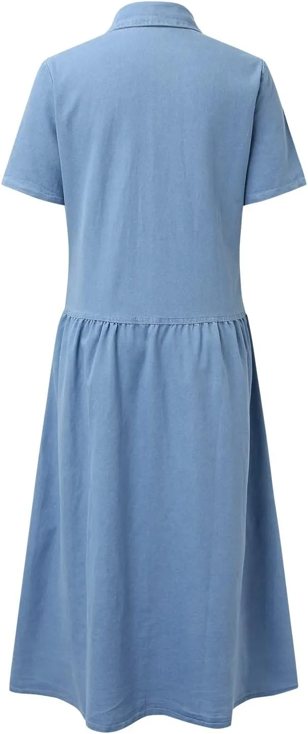 Summer Jean Dresses for Women Denim Short Sleeve Loose Blue Jean Maxi Dress Hand Pocket Button Down Casual Shift Dress