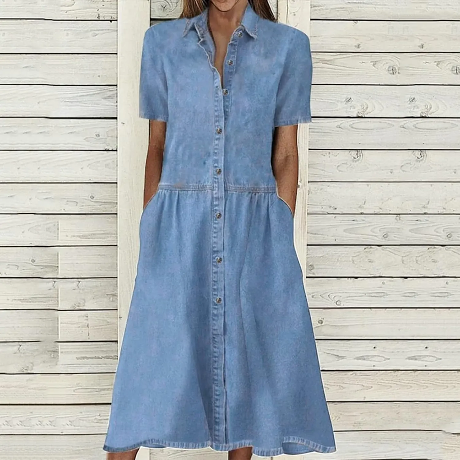 Summer Jean Dresses for Women Denim Short Sleeve Loose Blue Jean Maxi Dress Hand Pocket Button Down Casual Shift Dress