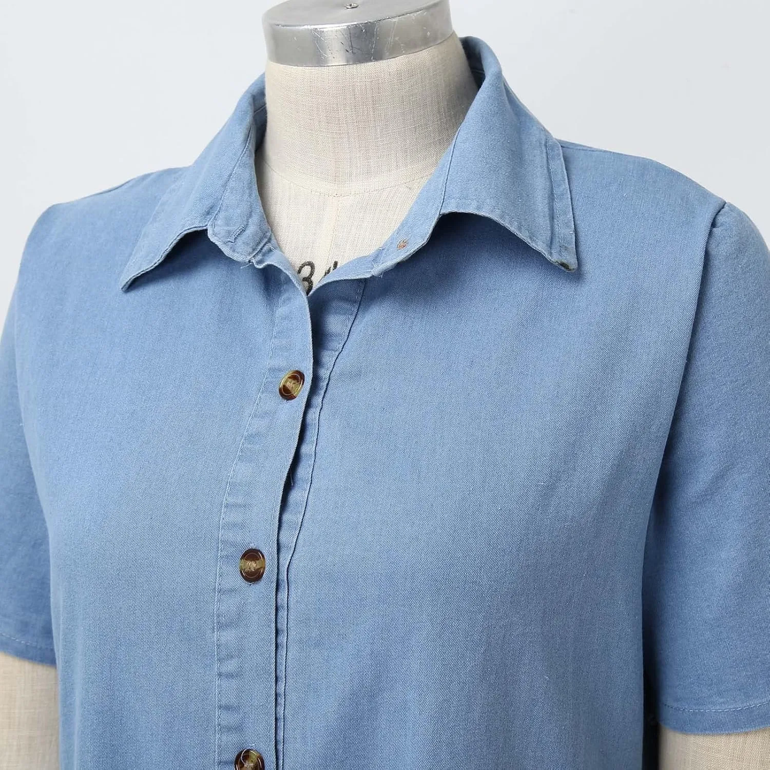 Summer Jean Dresses for Women Denim Short Sleeve Loose Blue Jean Maxi Dress Hand Pocket Button Down Casual Shift Dress