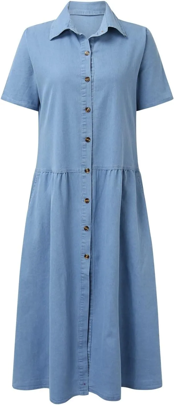 Summer Jean Dresses for Women Denim Short Sleeve Loose Blue Jean Maxi Dress Hand Pocket Button Down Casual Shift Dress