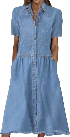 Summer Jean Dresses for Women Denim Short Sleeve Loose Blue Jean Maxi Dress Hand Pocket Button Down Casual Shift Dress