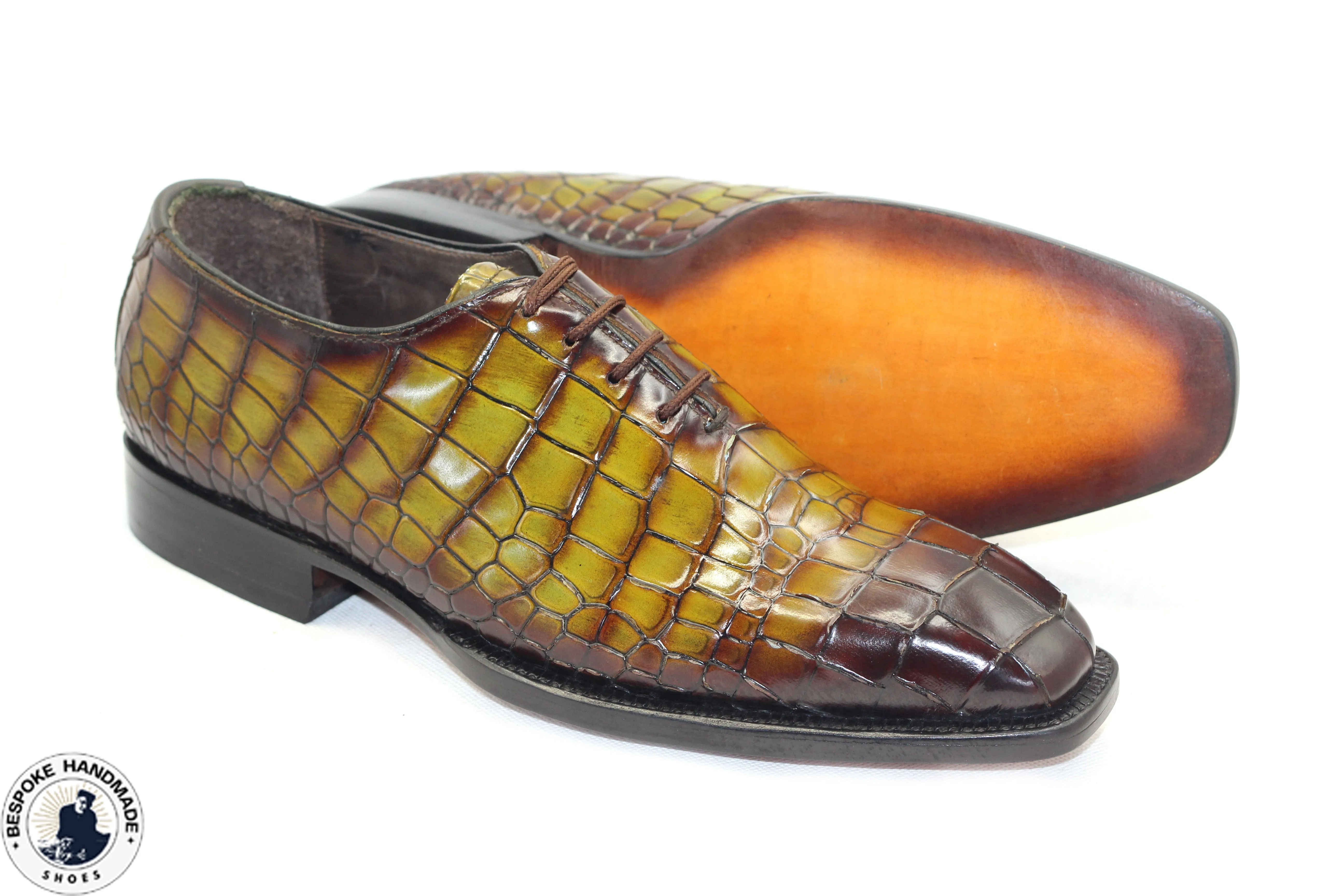 Tailor Made Handmade Business Shoe, Light Green Crocodile Print Leather Brown Shaded Lace Up Whole-cut Shoes