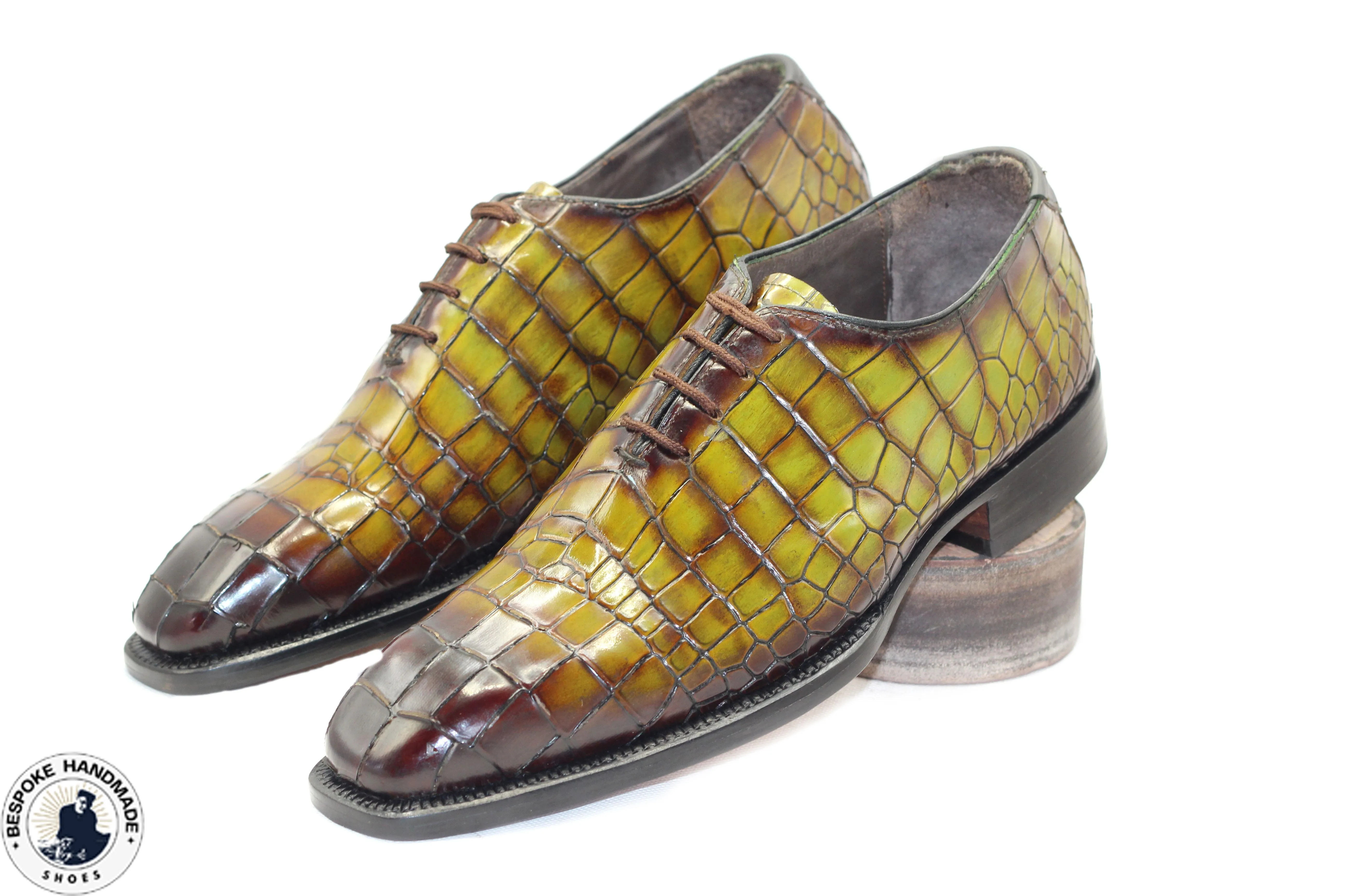Tailor Made Handmade Business Shoe, Light Green Crocodile Print Leather Brown Shaded Lace Up Whole-cut Shoes