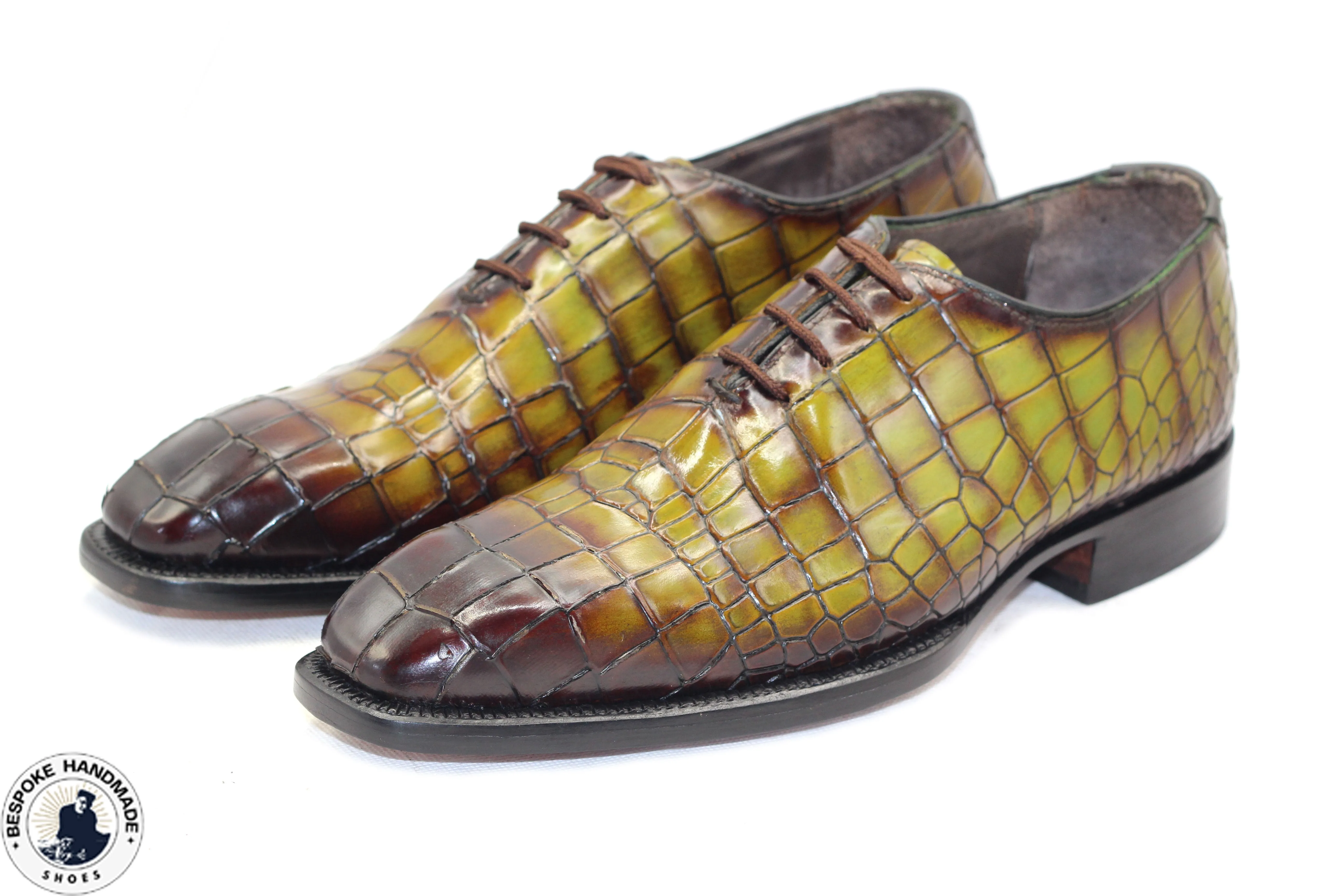 Tailor Made Handmade Business Shoe, Light Green Crocodile Print Leather Brown Shaded Lace Up Whole-cut Shoes