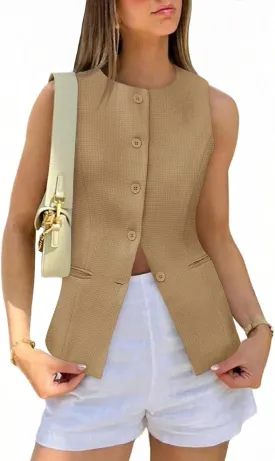 Tankaneo Womens Tweed Sleeveless Vest Crew Neck Button Down Fitted Blazer Vest Tops Work Casual Waistcoat