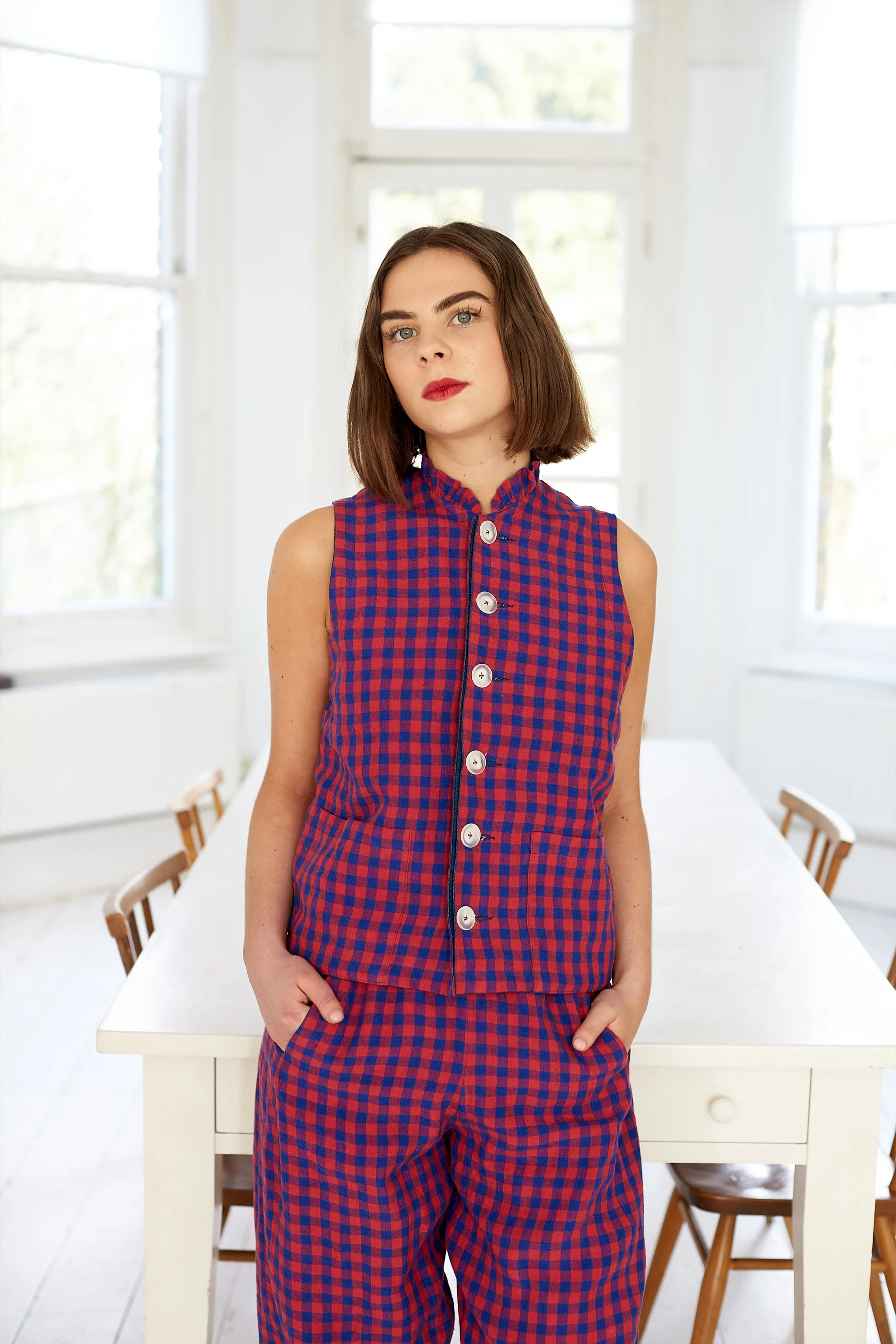 Tattie Waistcoat in Irish Linen Gingham and Denim