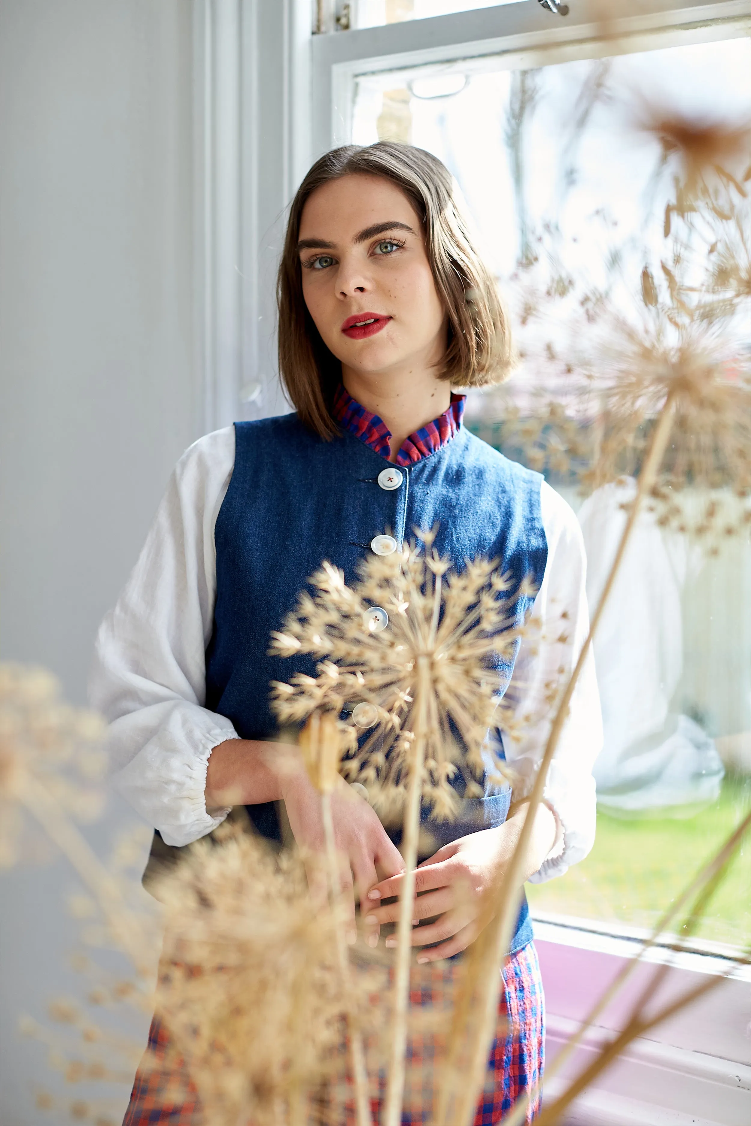 Tattie Waistcoat in Irish Linen Gingham and Denim