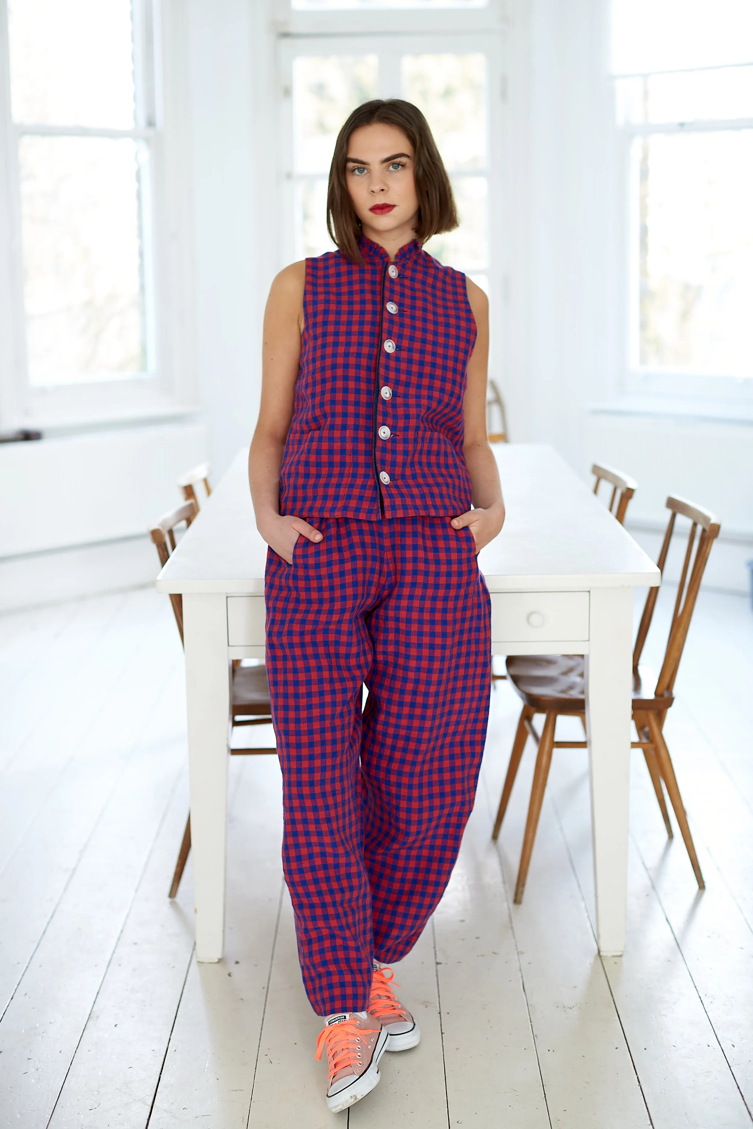 Tattie Waistcoat in Irish Linen Gingham and Denim