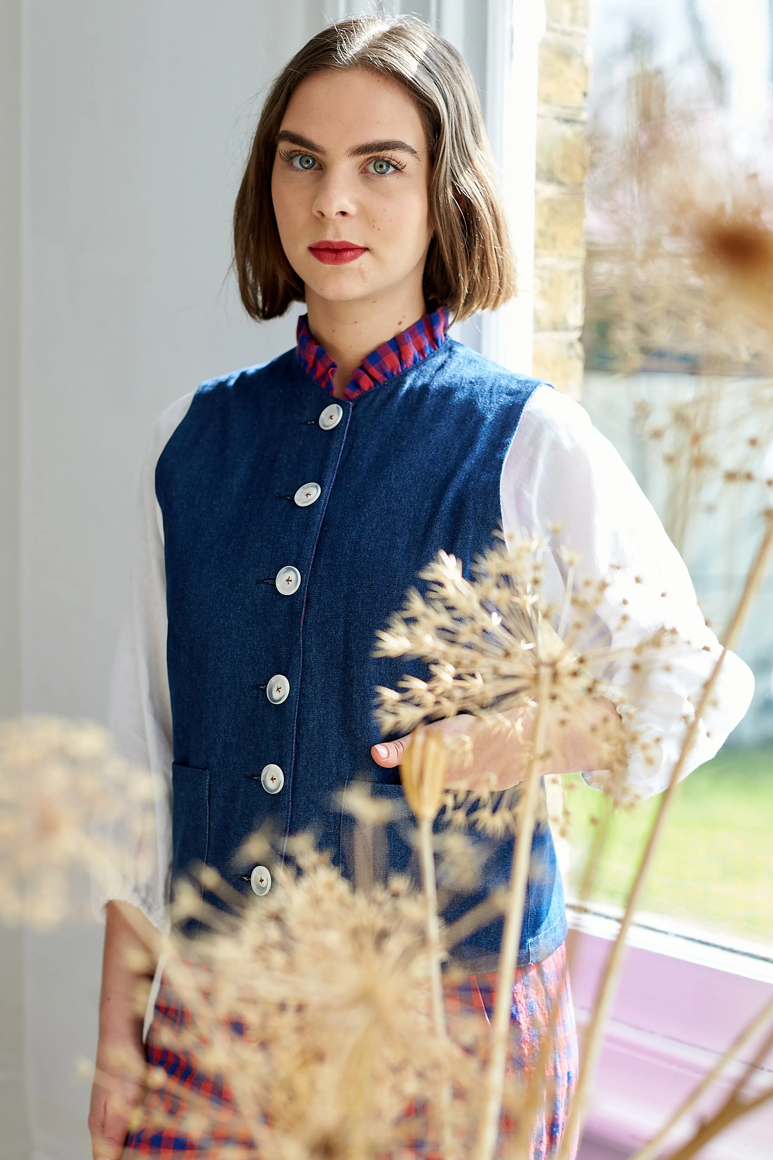Tattie Waistcoat in Irish Linen Gingham and Denim