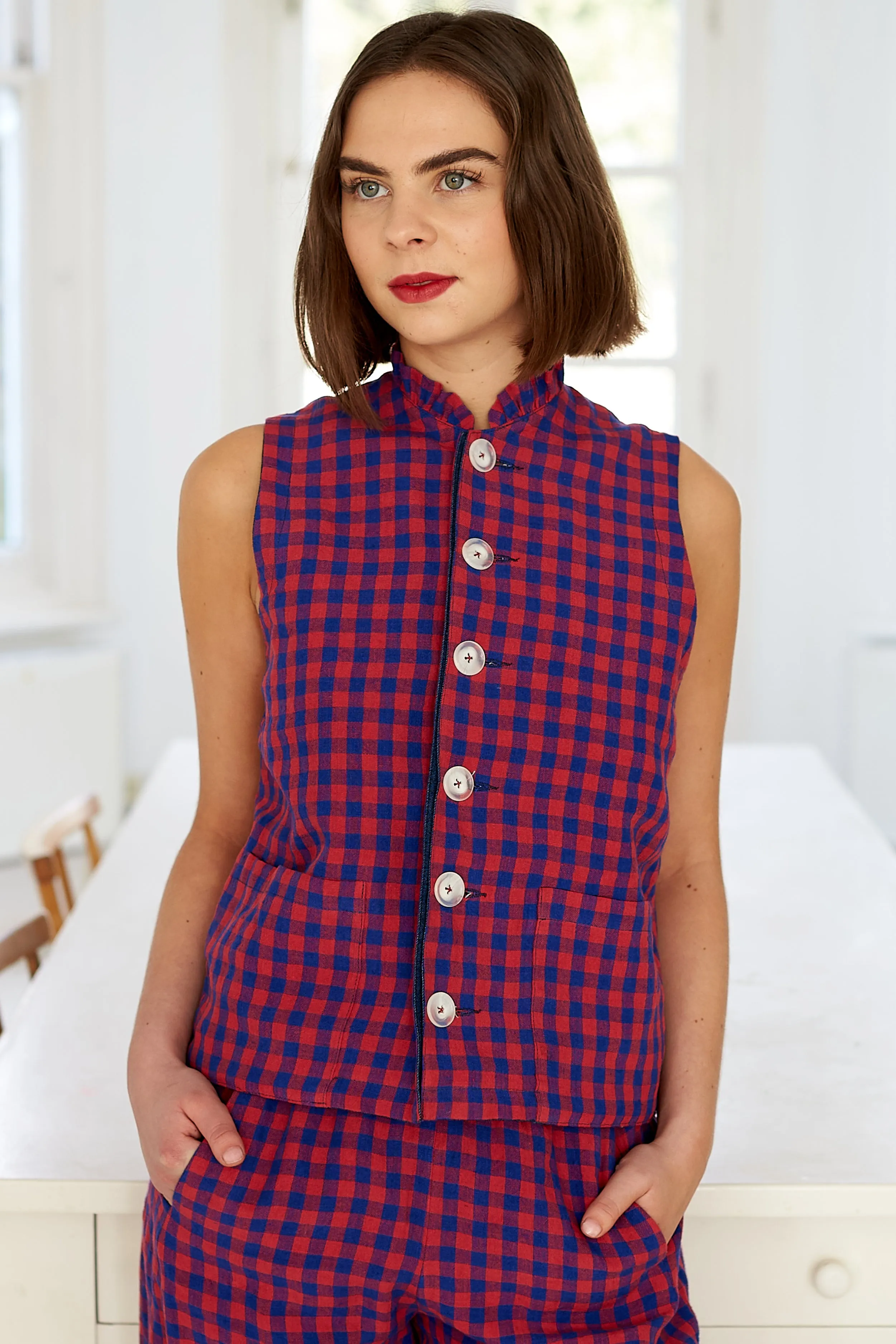 Tattie Waistcoat in Irish Linen Gingham and Denim