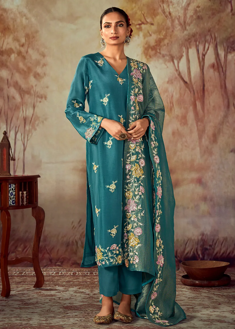 Teal Blue Russian Silk Embroidered Pant Style Salwar Kurta