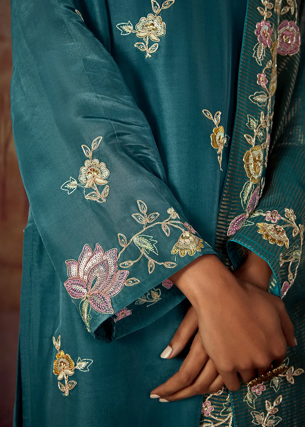 Teal Blue Russian Silk Embroidered Pant Style Salwar Kurta