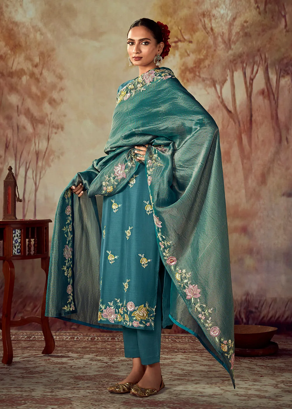 Teal Blue Russian Silk Embroidered Pant Style Salwar Kurta