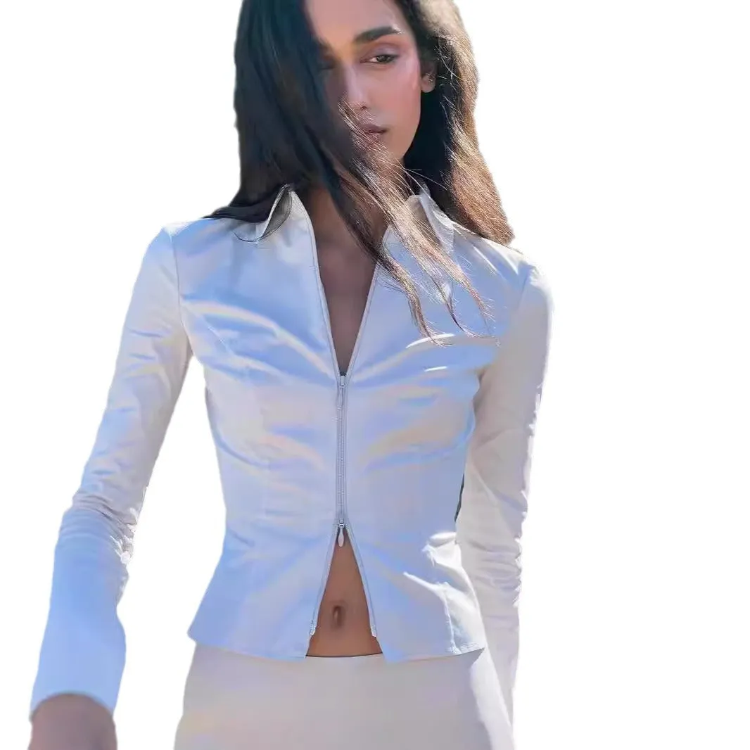 Toleet Women's Street Style Sexy Hot Girl Kylie Double Zipper Slim-Fit Short Long-Sleeved Shirt Hip Skirt Suit