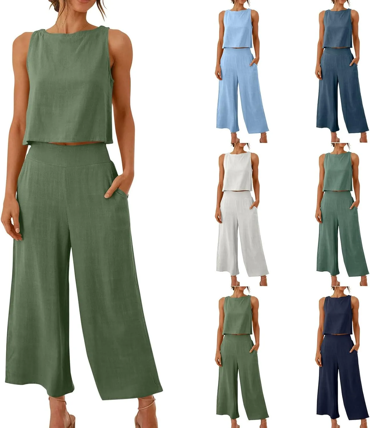 Two Piece Linen Sets for Women Pants Casual Dressy Outfit Sleeveless Crop Tank Wide Leg Pants Sets Matching Loungewear