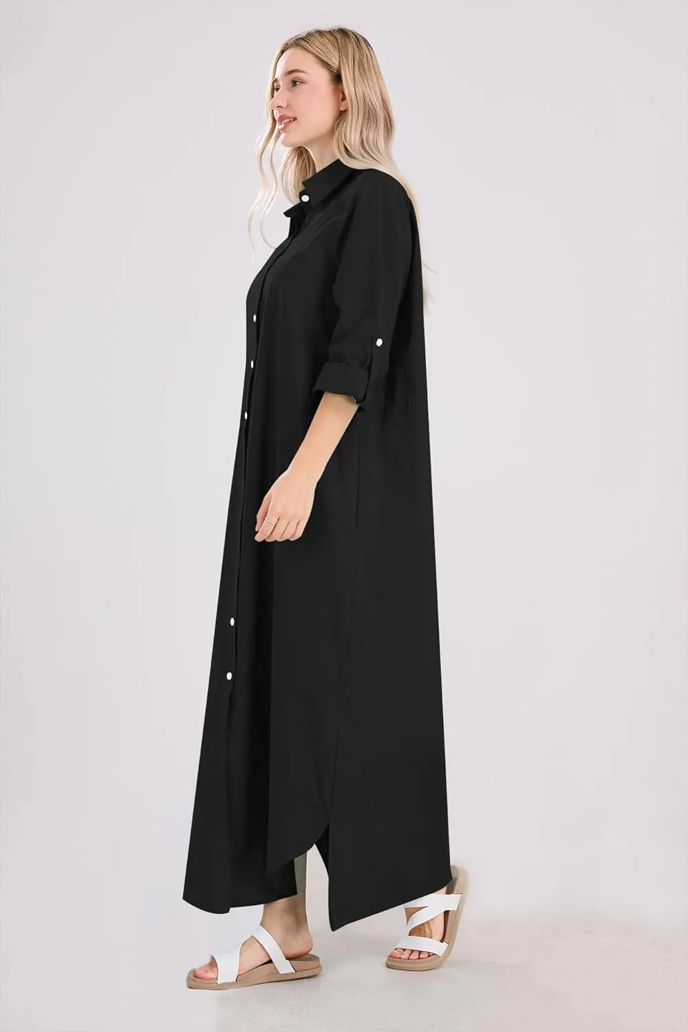 utcoco Summer Dresses for Women 2025 Casual Loose Split Long Sleeve Button Down Maxi Shirt Dress