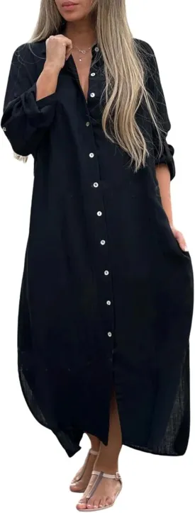utcoco Summer Dresses for Women 2025 Casual Loose Split Long Sleeve Button Down Maxi Shirt Dress