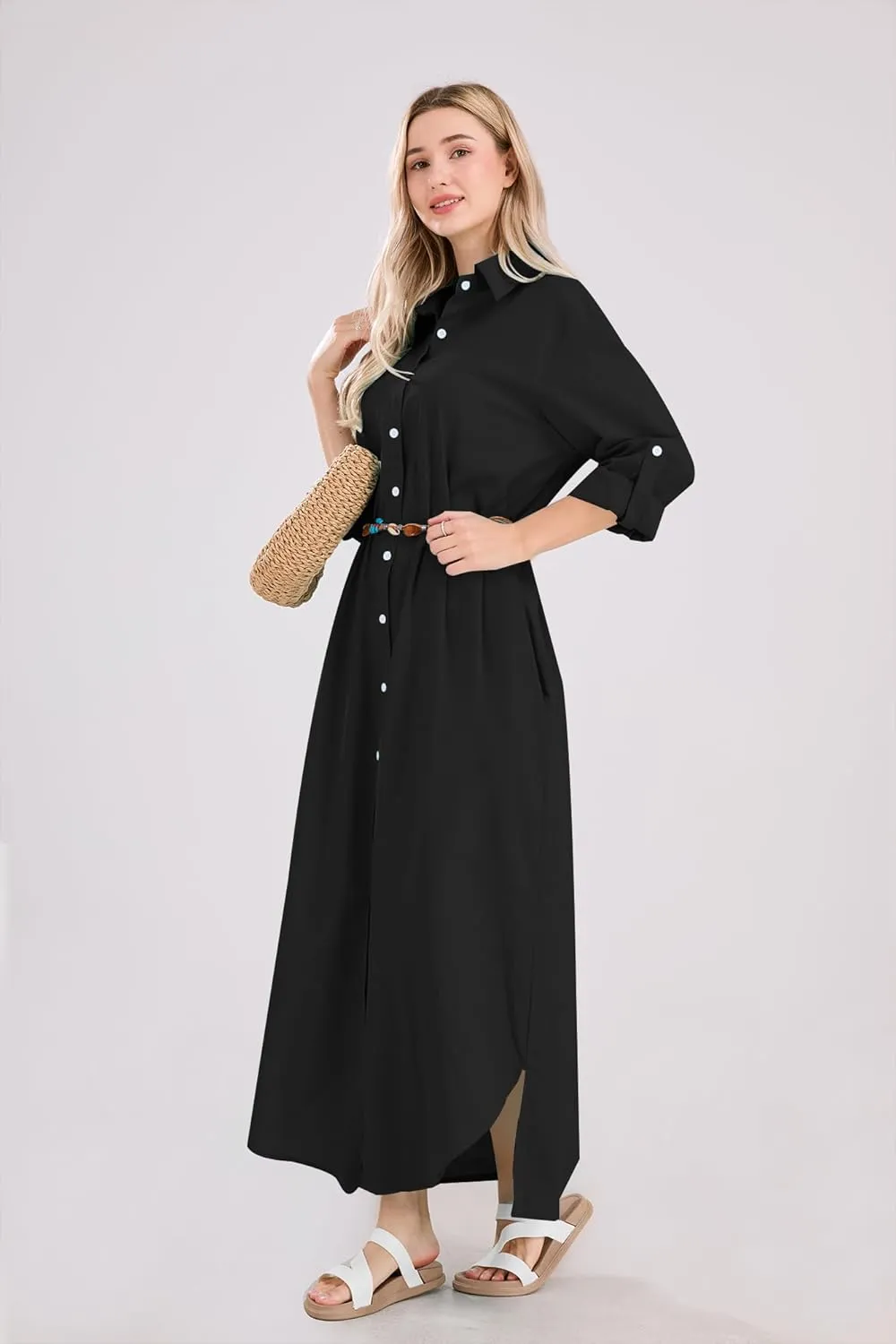 utcoco Summer Dresses for Women 2025 Casual Loose Split Long Sleeve Button Down Maxi Shirt Dress