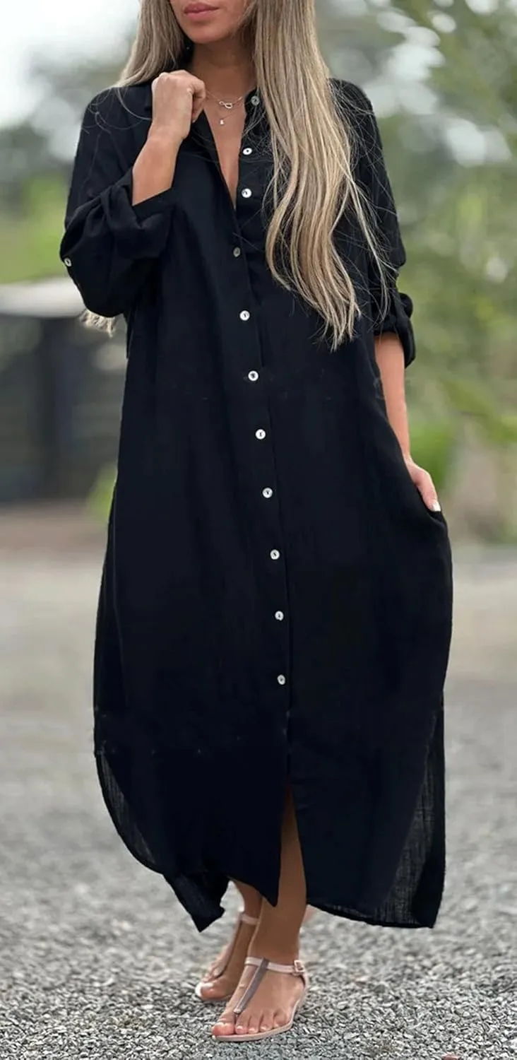 utcoco Summer Dresses for Women 2025 Casual Loose Split Long Sleeve Button Down Maxi Shirt Dress