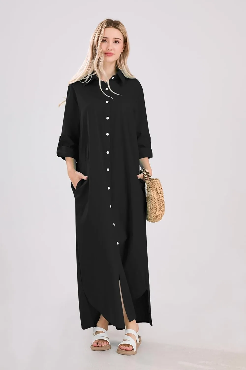 utcoco Summer Dresses for Women 2025 Casual Loose Split Long Sleeve Button Down Maxi Shirt Dress