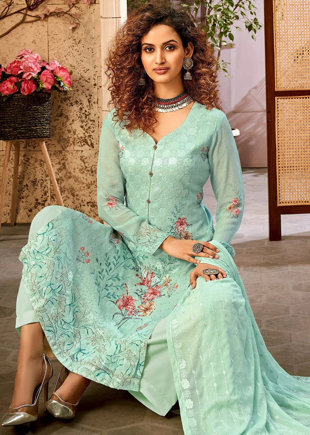Viscose Georgette Turquoise Blue Sequins Salwar Suit
