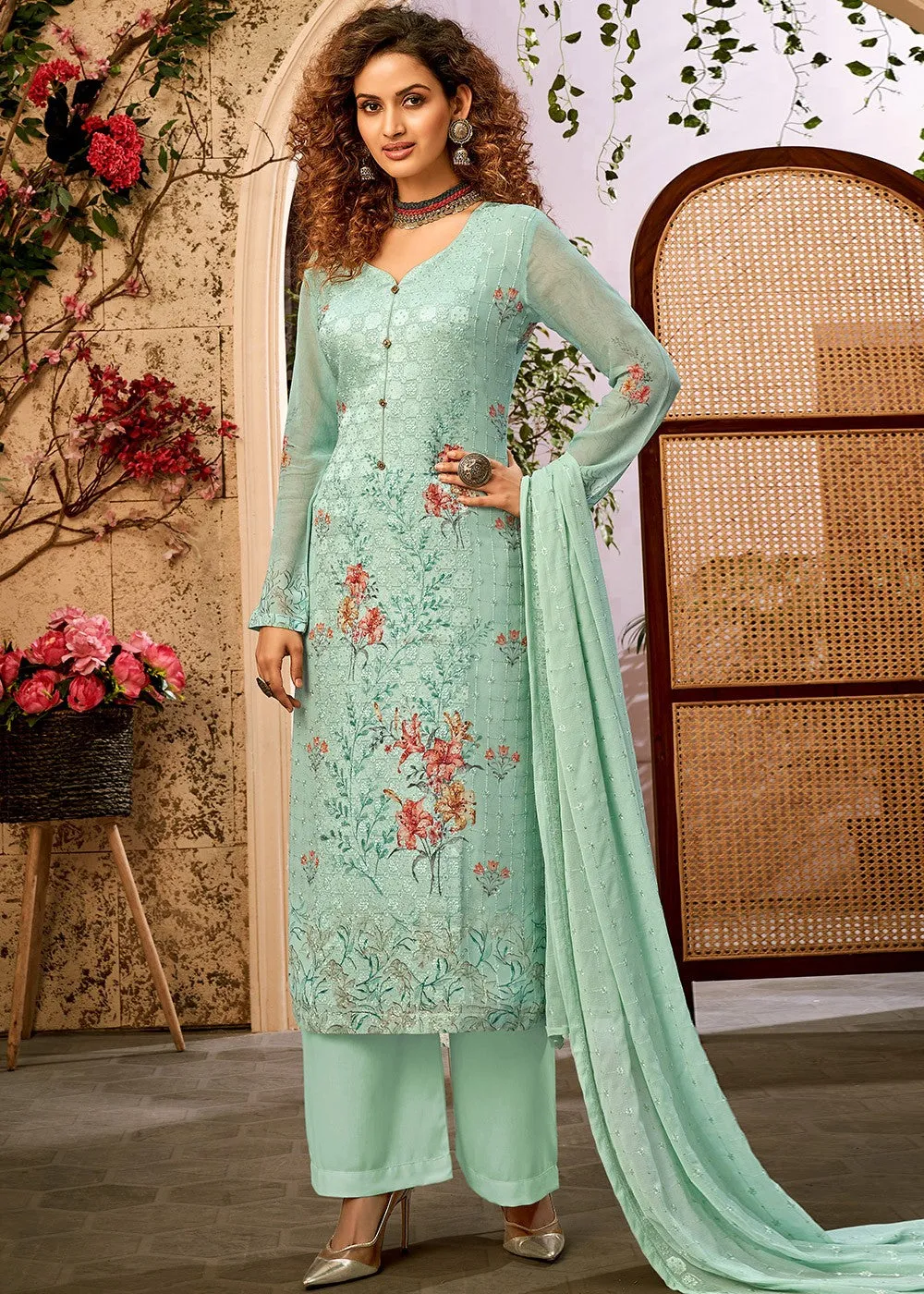 Viscose Georgette Turquoise Blue Sequins Salwar Suit