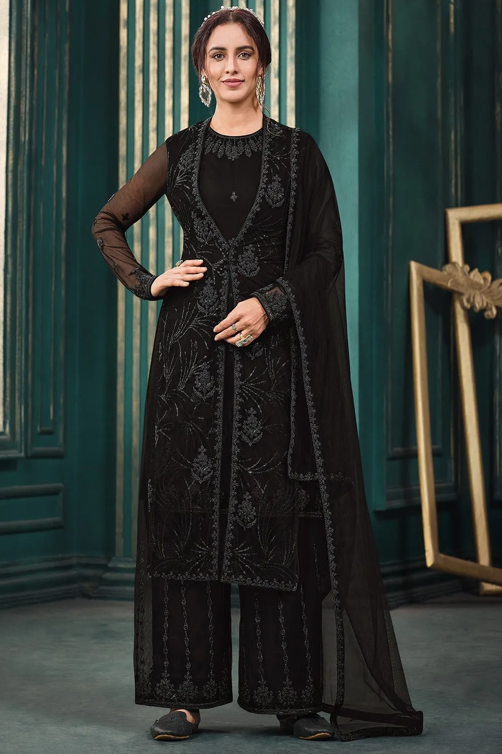 Wedding Party Black Designer Palazzo Suit with Jacket