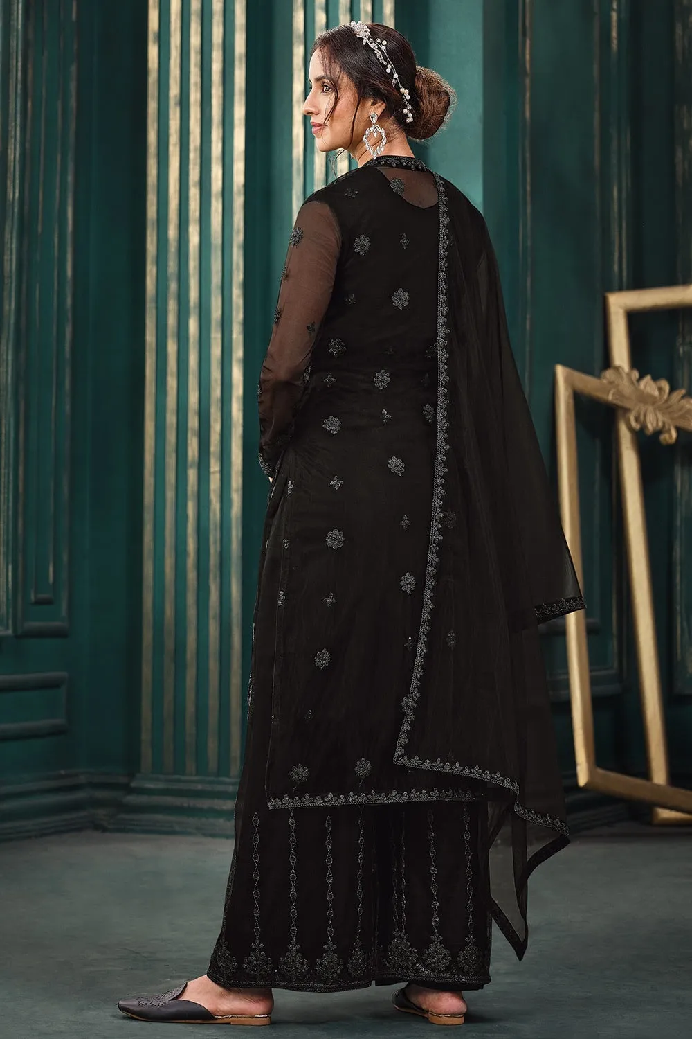 Wedding Party Black Designer Palazzo Suit with Jacket