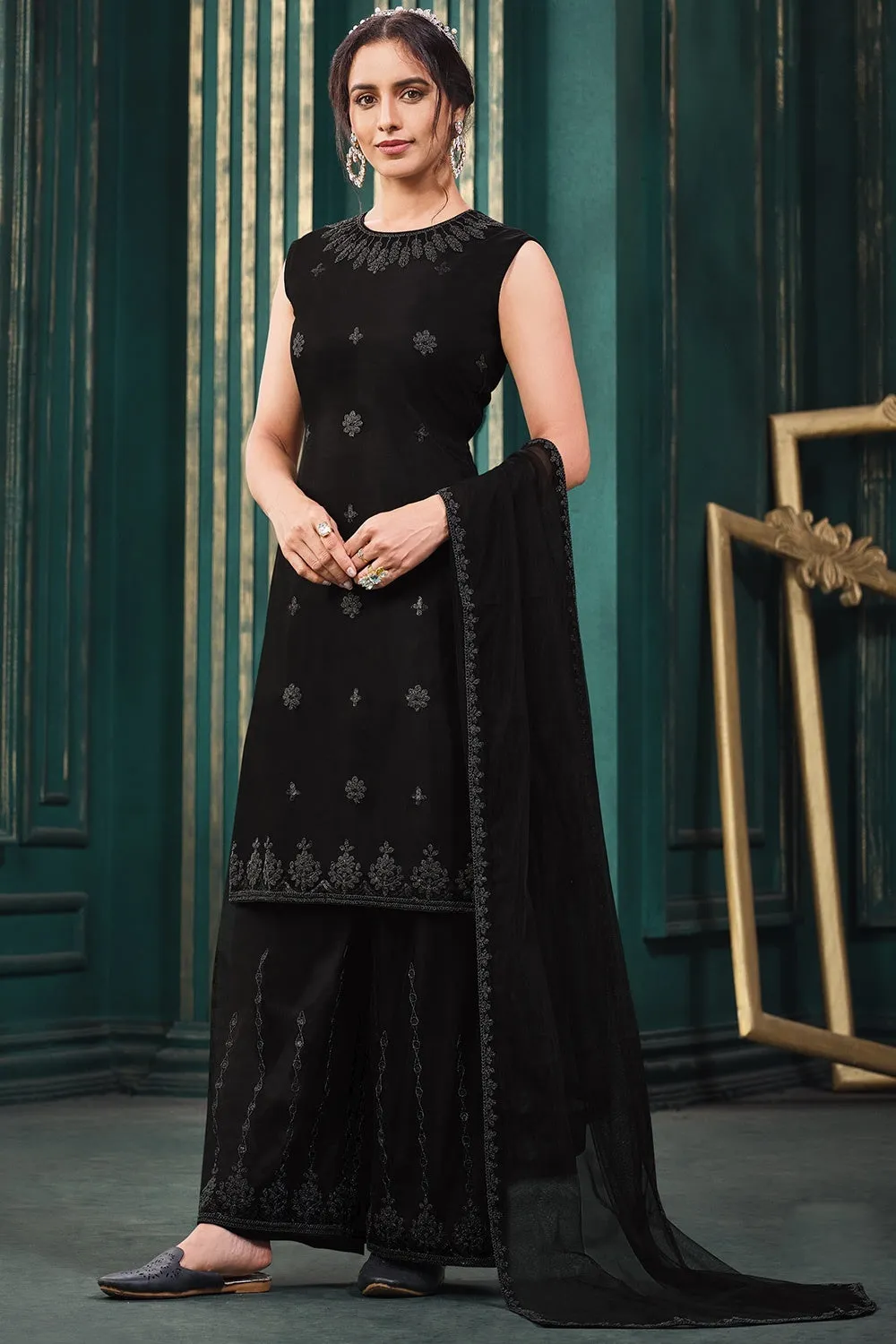 Wedding Party Black Designer Palazzo Suit with Jacket