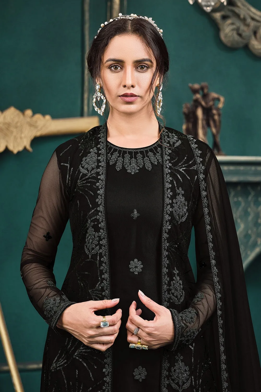 Wedding Party Black Designer Palazzo Suit with Jacket