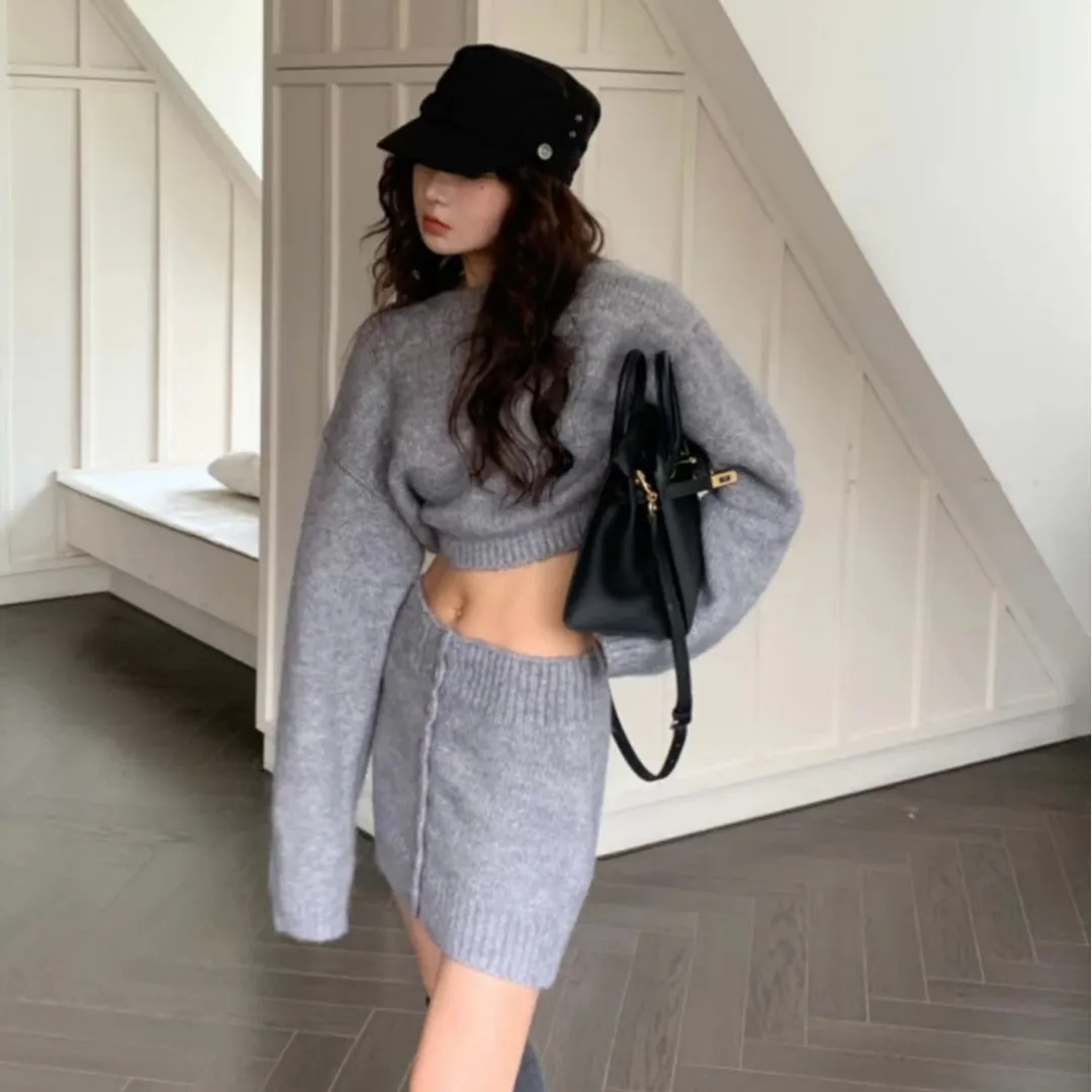 Wenkouban classy winter outfits 2024 Winter New Fashion Solid Color Sweater Hot Girl Knitted Hip Skirt Two-Piece Suit for Women