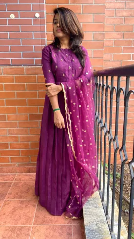 Wine silk salwar full hand worked top and sleeve worked dress
